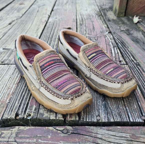 Twisted X Womens Slip-On Driving Mocs, Tan Leather, Multicolor Canvas, Size 6.5M - Picture 1 of 13